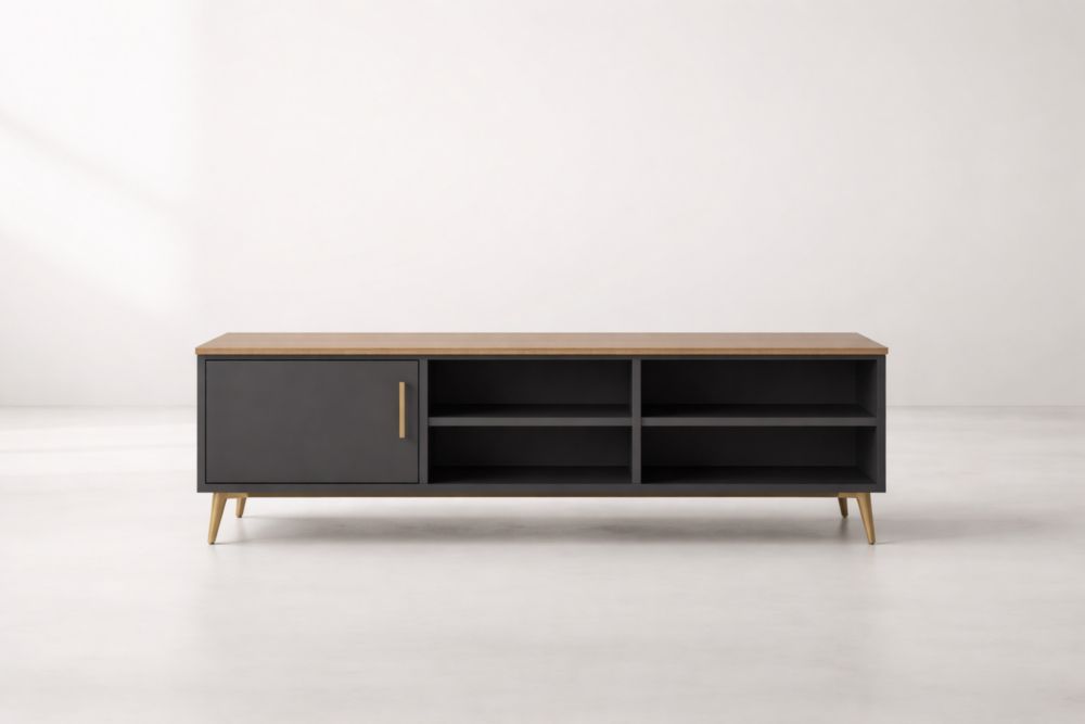 Engineered Wood and Steel TV Stand with Storage Shelves Black/Brown-Livovantae