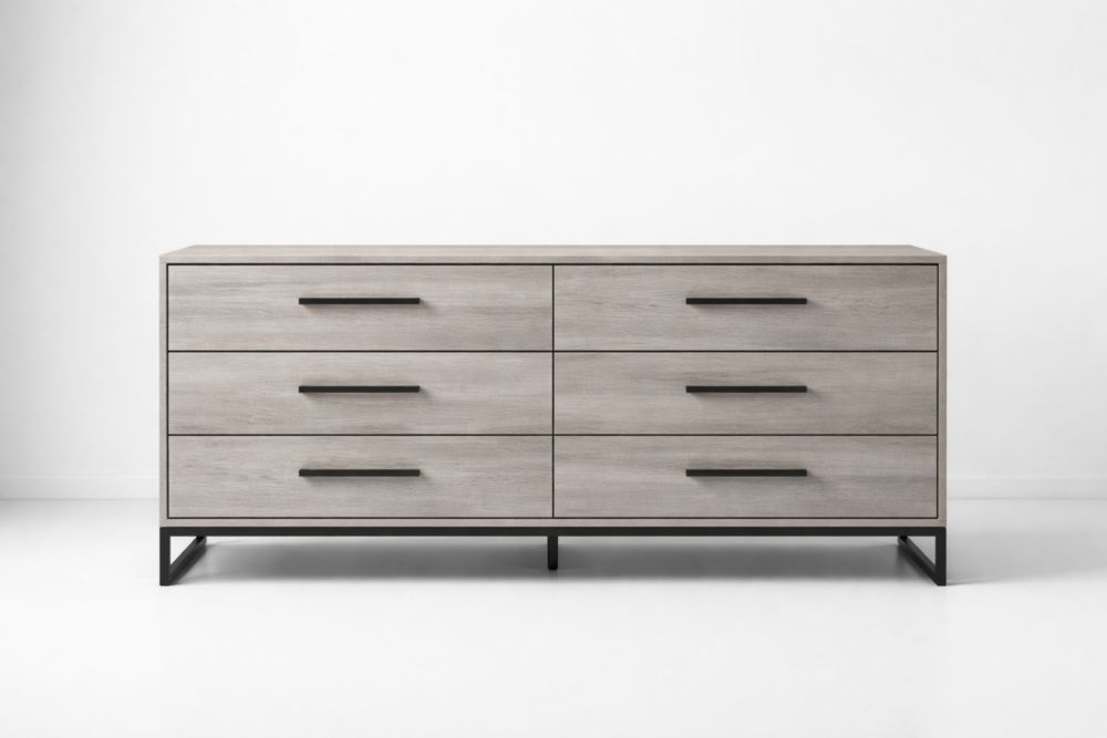 Wood Veneer and Metal Six-Drawer Dresser with Black Handles-Livovantae