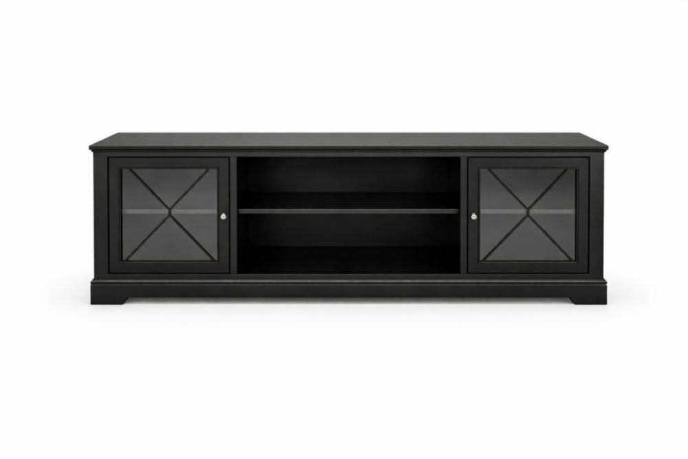 Wood TV Stand with Tempered Glass Doors in Black-Livovantae