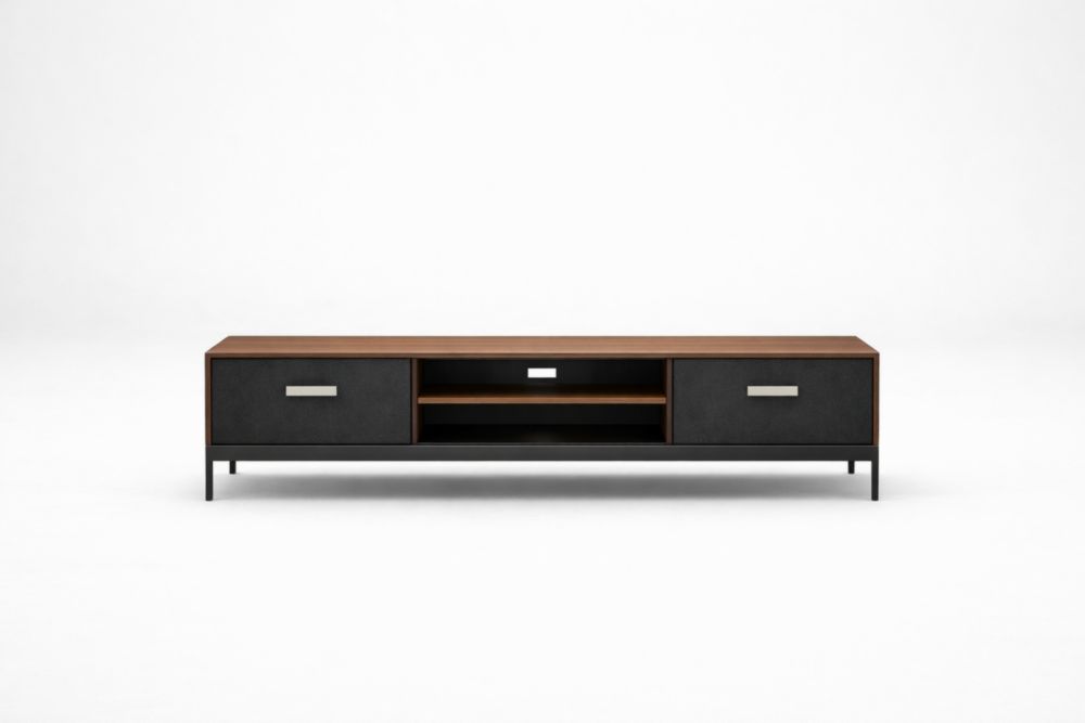 Brown/Black Engineered Wood TV Stand with Steel Legs, 2 Storage Drawers & Open Shelving, 180cm x 40cm x 50cm-Livovantae
