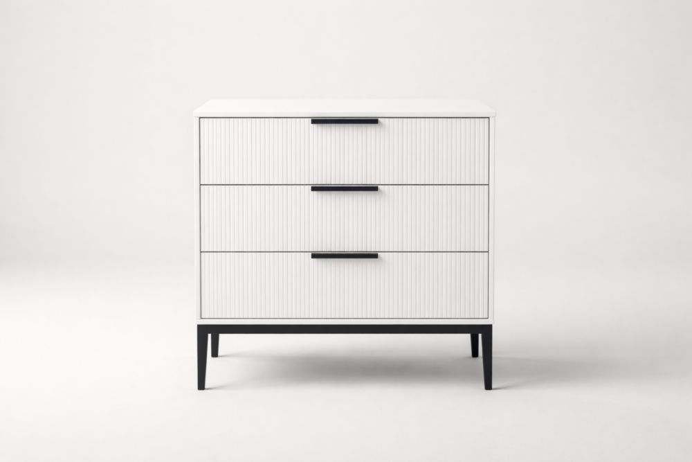 Wooden Three-Drawer Dresser with Steel Legs White-Livovantae