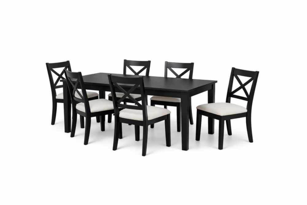 Black Engineered Wood Dining Table with 6 Chairs, Cushioned Fabric Seats-Spanroomes