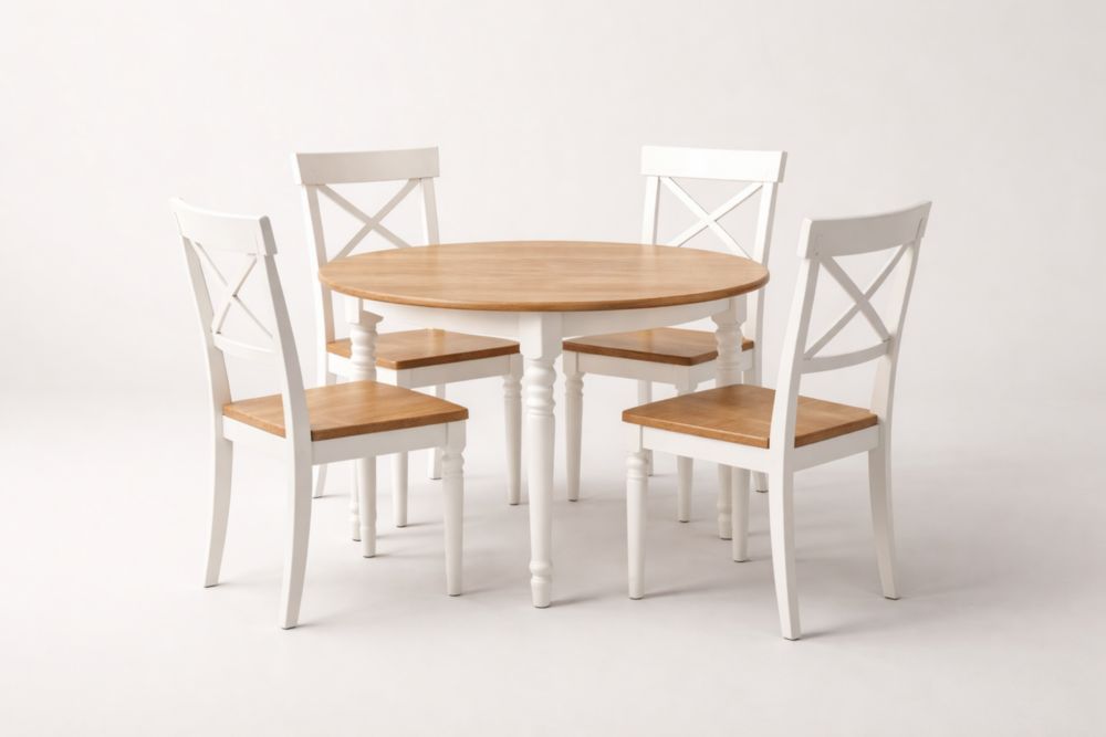 Wood Dining Table and Chair Set with White Frame and Natural Finish Top-Spanroomes