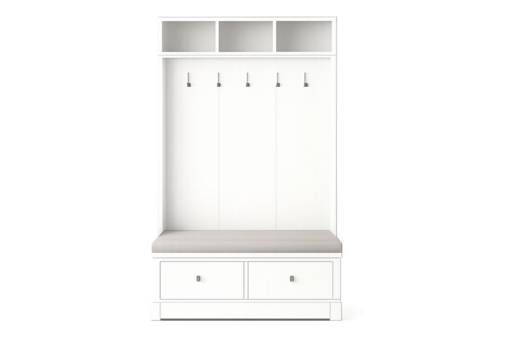White MDF Coat Rack with Grey Cushion, 5 Hooks, 2 Drawers, 3 Storage Compartments, 200cm x 100cm x 40cm-Spanroomes