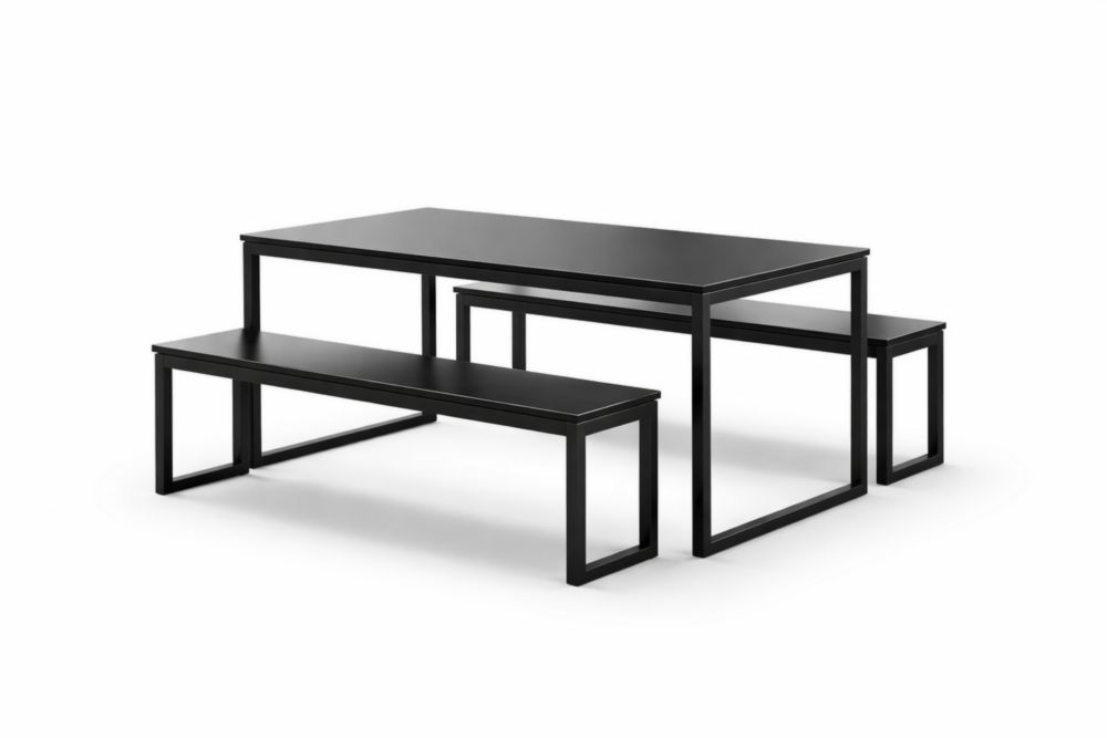 Black Steel Dining Table Set with Benches-Spanroomes