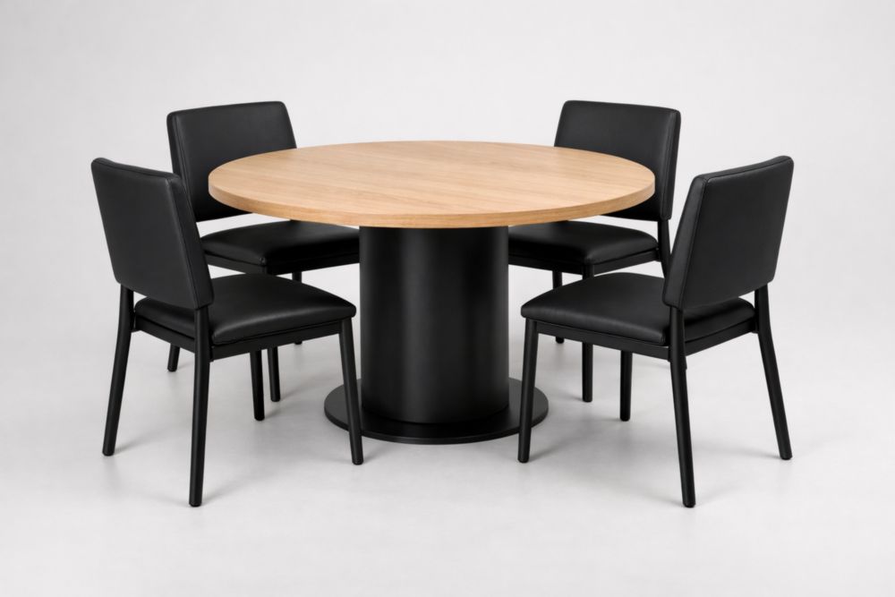 Round Wood Dining Table Set with 4 Black Faux Leather Chairs-Spanroomes
