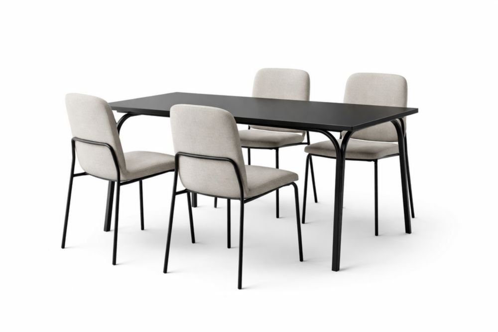Black MDF Dining Table with 4 Beige Polyester Chairs, Steel Frames-Spanroomes