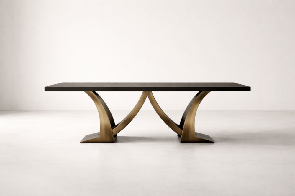 Black Solid Rubberwood Dining Table with Bronze-tone Steel Base, 200cm x 100cm x 76cm-Spanroomes