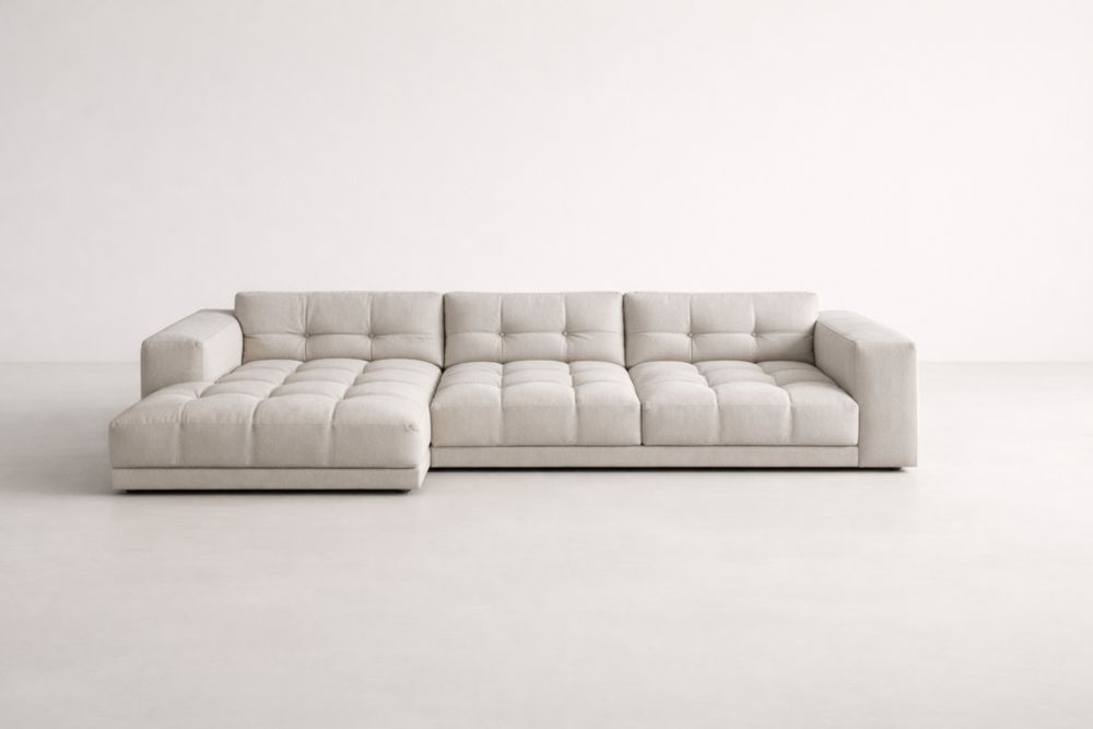 L-shaped Sectional Sofa Linen Upholstery Beige-Spanroomes