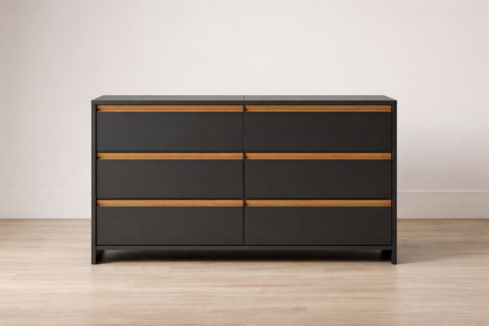 Black/Brown Particleboard Storage Cabinet with Ash Wood Veneer, 6 Drawers, 120cm x 40cm x 75cm-Spanroomes