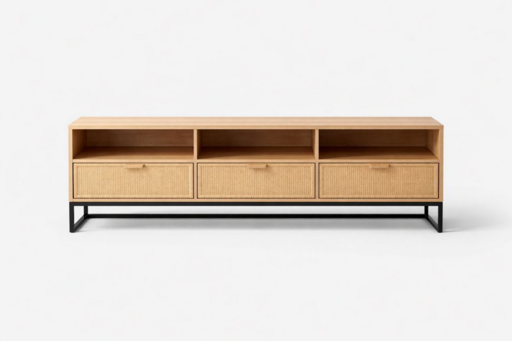 Wood Media Console with Rattan Drawers and Steel Frame, 180cm Length x 50cm Width x 60cm Height, Natural/Black-Livomiva
