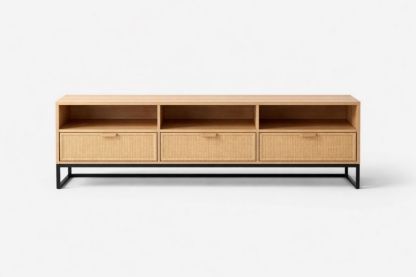 Wood Media Console with Rattan Drawers and Steel Frame, 180cm Length x 50cm Width x 60cm Height, Natural/Black-Livomiva