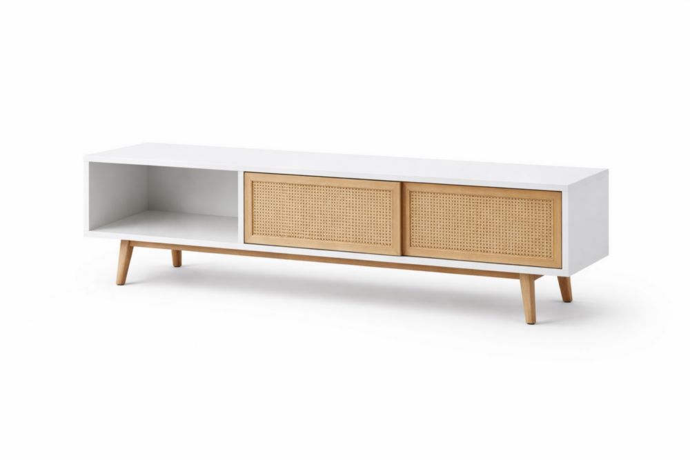 Wood and Composite TV Stand with Rattan Doors-Livomiva