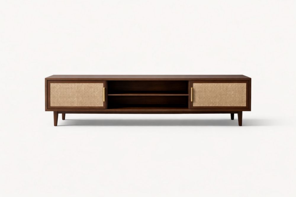 Wood Media Console with Rattan Doors Dark Brown-Livomiva