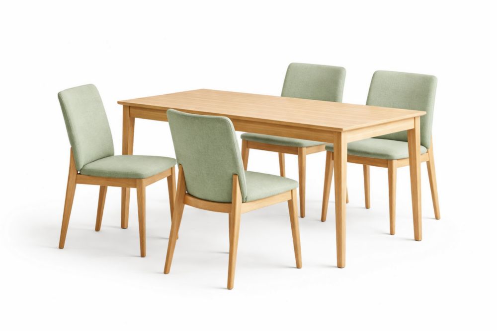 Natural Rubberwood Dining Table with 4 Green Chairs, Polyurethane Foam Cushions-Livomiva