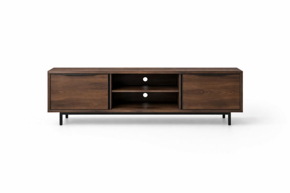 Walnut Wood TV Stand with Steel Legs and Storage-Livomiva