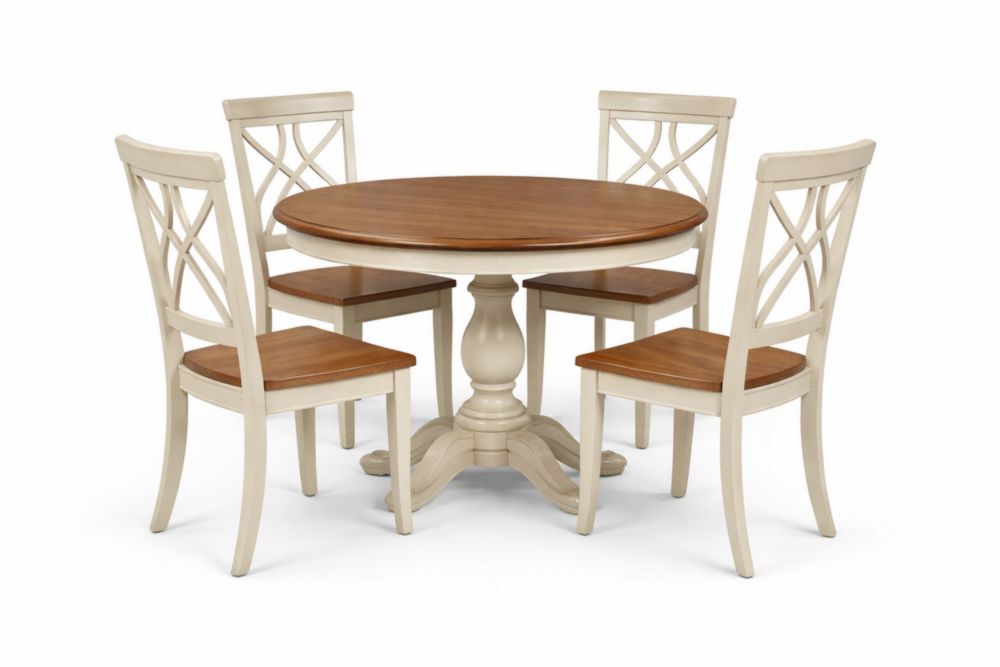 Round Wooden Dining Table and 4 Chairs Set with Pedestal Base in Cherry and Cream-Livomiva