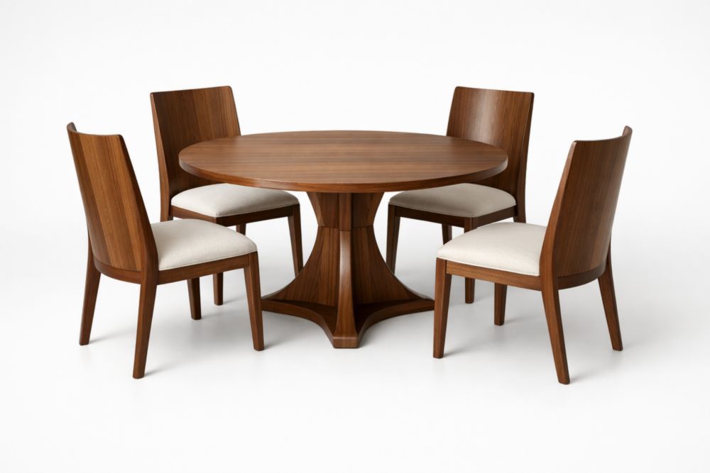 Round Walnut Wood Dining Table Set with Linen Upholstered Chairs-Livomiva