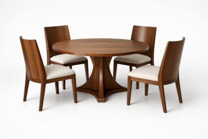 Round Walnut Wood Dining Table Set with Linen Upholstered Chairs-Livomiva