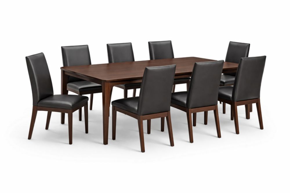 Rectangular Wood Dining Table Set with 8 Faux Leather Chairs in Dark Brown-Livomiva