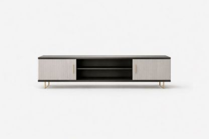 Wood Composite TV Stand with Sliding Doors and Open Shelves Black/Gray-Livomiva