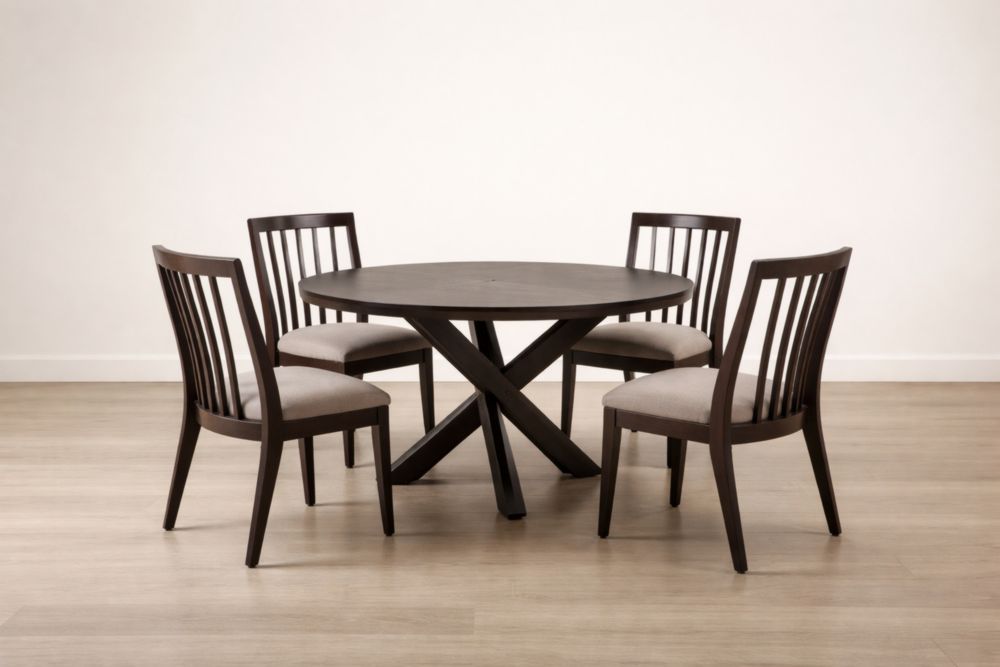 Round Dining Table Set Solid Wood Upholstered Chairs Dark Brown-Livomiva