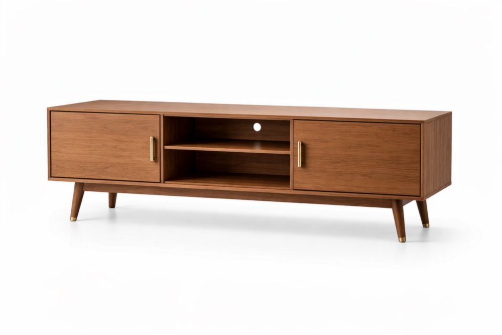 Wood Veneer TV Stand with Shelves and Doors Brown-Livomiva