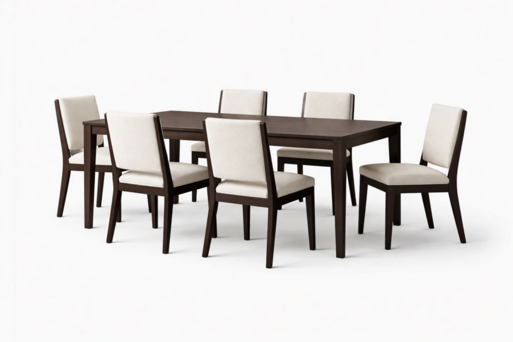 Dining Table Set Solid Wood Frame with Cushioned Chairs Brown Beige-Livomiva