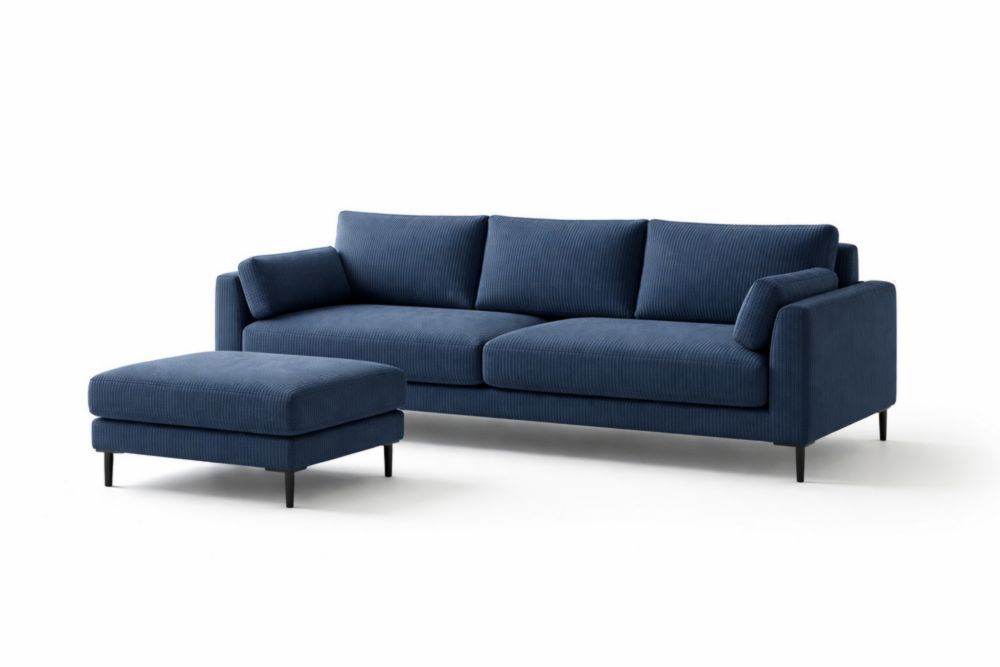 Blue Corduroy Sectional Sofa with Ottoman Set-Livocanta