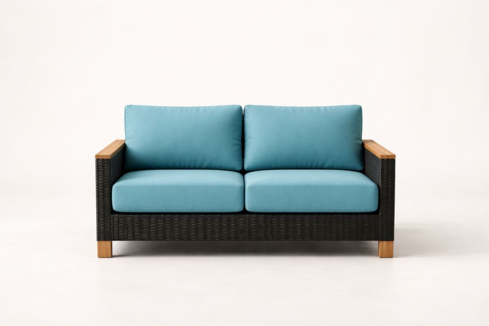 Wicker Loveseat with Teak Armrests and Blue Cushions-Livocanta