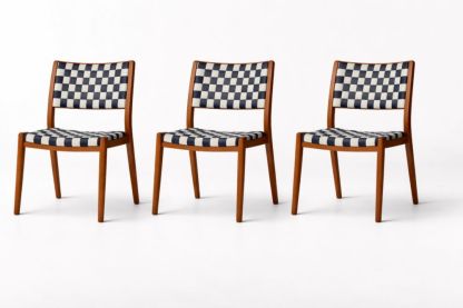 Set of 3 Wooden Dining Chairs with Woven Fabric Checkered Pattern