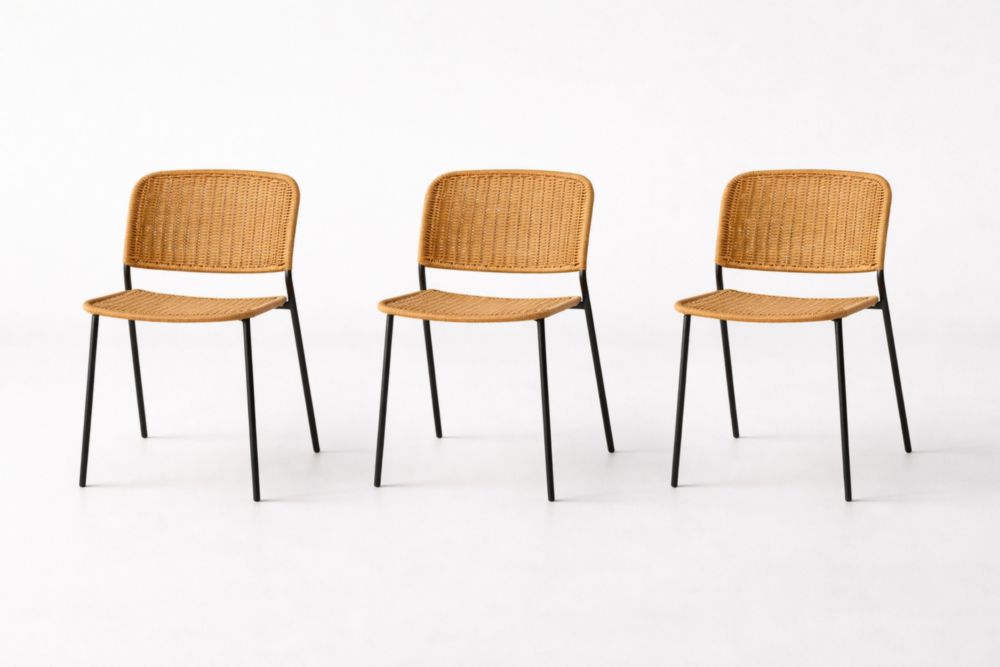 Set of 3 Rattan Dining Chairs Woven Seat Metal Frame Brown