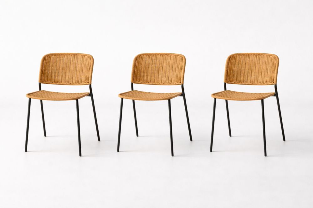 Set of 3 Rattan Dining Chairs Woven Seat Metal Frame Brown