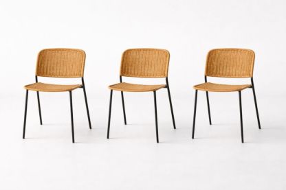 Set of 3 Rattan Dining Chairs Woven Seat Metal Frame Brown