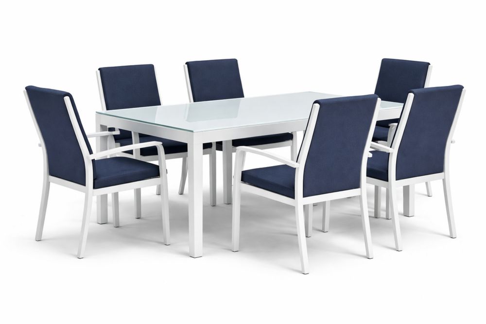 Outdoor Dining Set Glass Table 6 Navy Blue Cushions White Aluminum Frame
