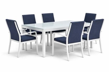 Outdoor Dining Set Glass Table 6 Navy Blue Cushions White Aluminum Frame