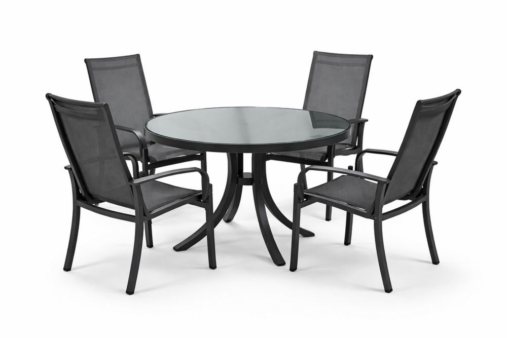 Black Outdoor Round Glass Table with 4 Mesh Chairs, Steel Frame