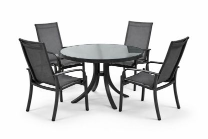 Black Outdoor Round Glass Table with 4 Mesh Chairs, Steel Frame