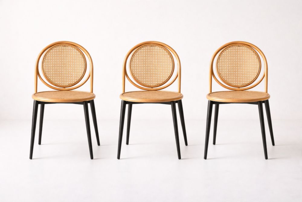 Rattan Dining Chairs Set Black Metal Legs Natural Finish 3 Pieces