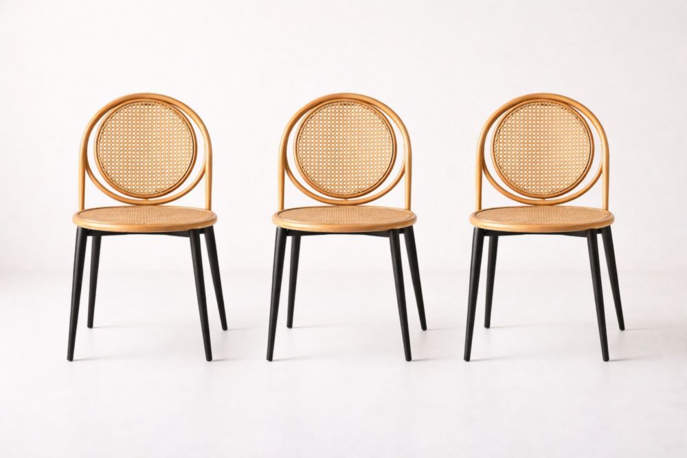 Rattan Dining Chairs Set Black Metal Legs Natural Finish 3 Pieces