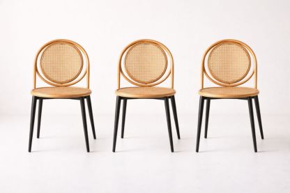 Rattan Dining Chairs Set Black Metal Legs Natural Finish 3 Pieces