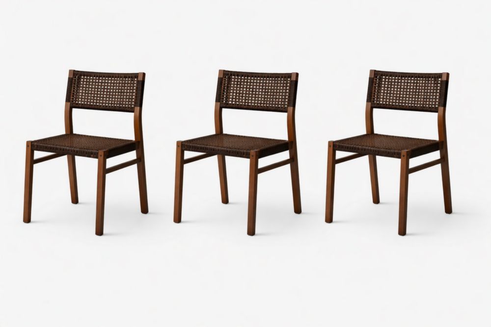 Set of 3 Solid Wood Dining Chairs with Woven Cane Backrest and Seat Brown
