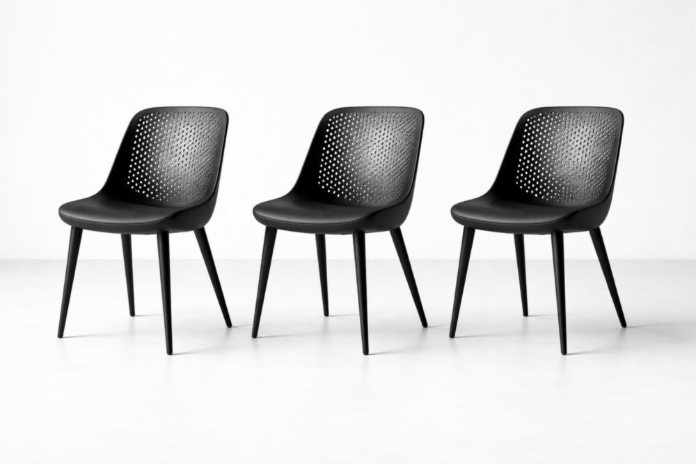Set of 3 Black Polypropylene Dining Chairs with Perforated Back