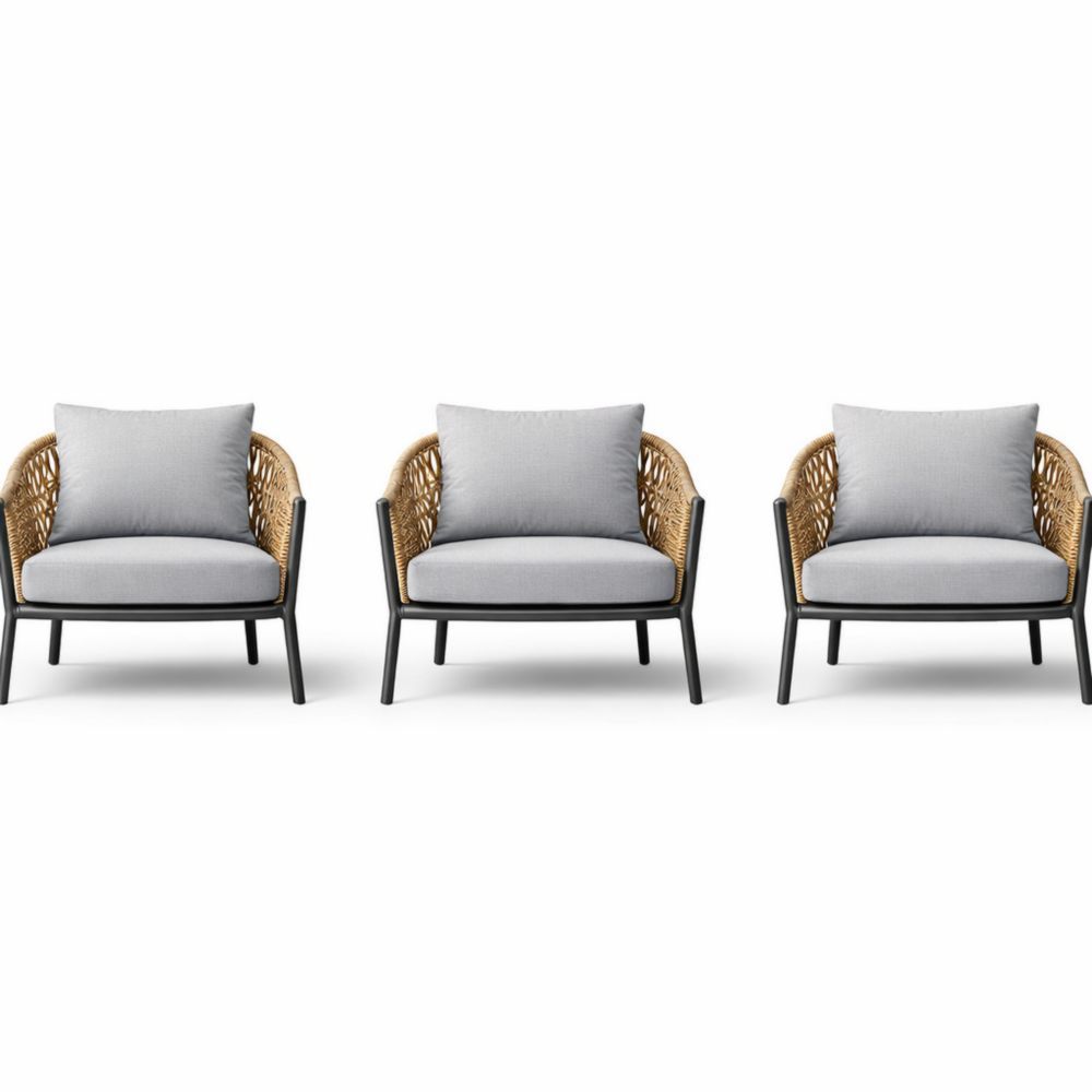 Rattan and Metal Outdoor Armchair Set with Gray Cushions 3-Piece-Auravivian