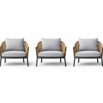 Rattan and Metal Outdoor Armchair Set with Gray Cushions 3-Piece-Auravivian