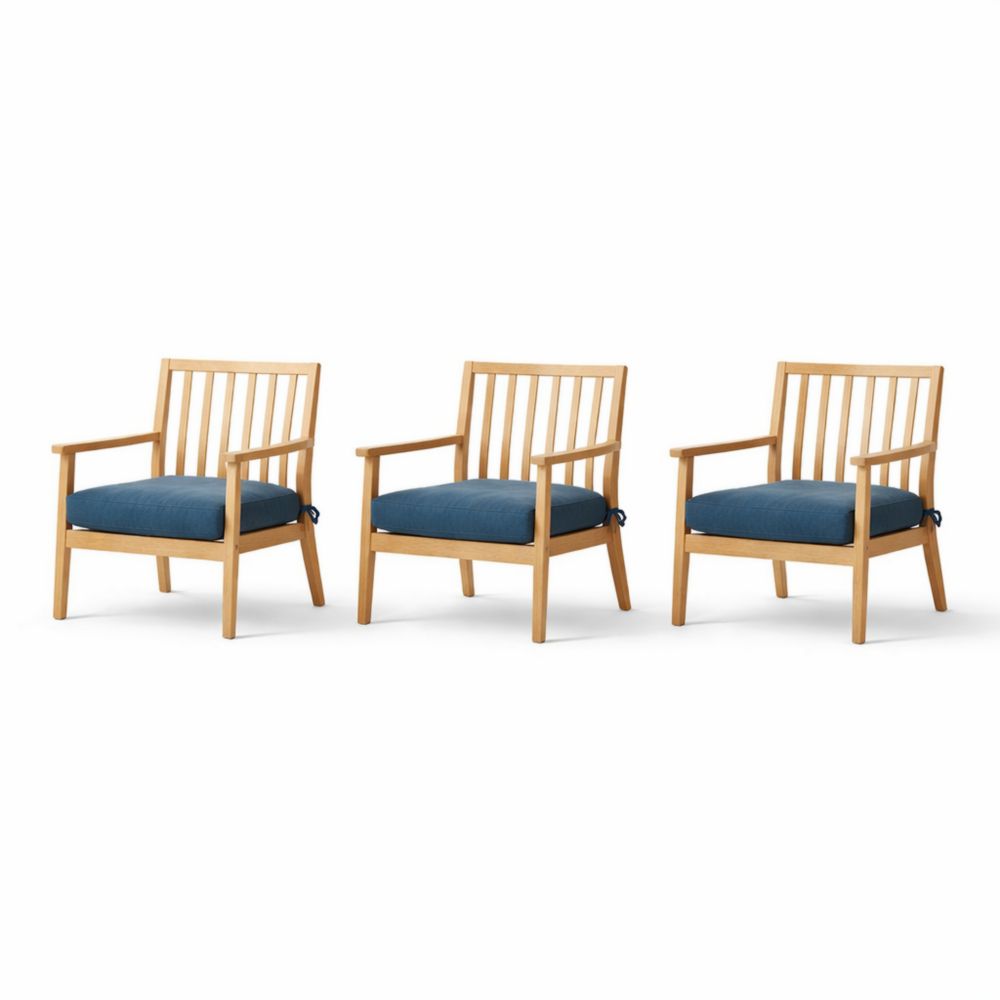 Set of 3 Wooden Armchairs with Blue Cushions-Auravivian