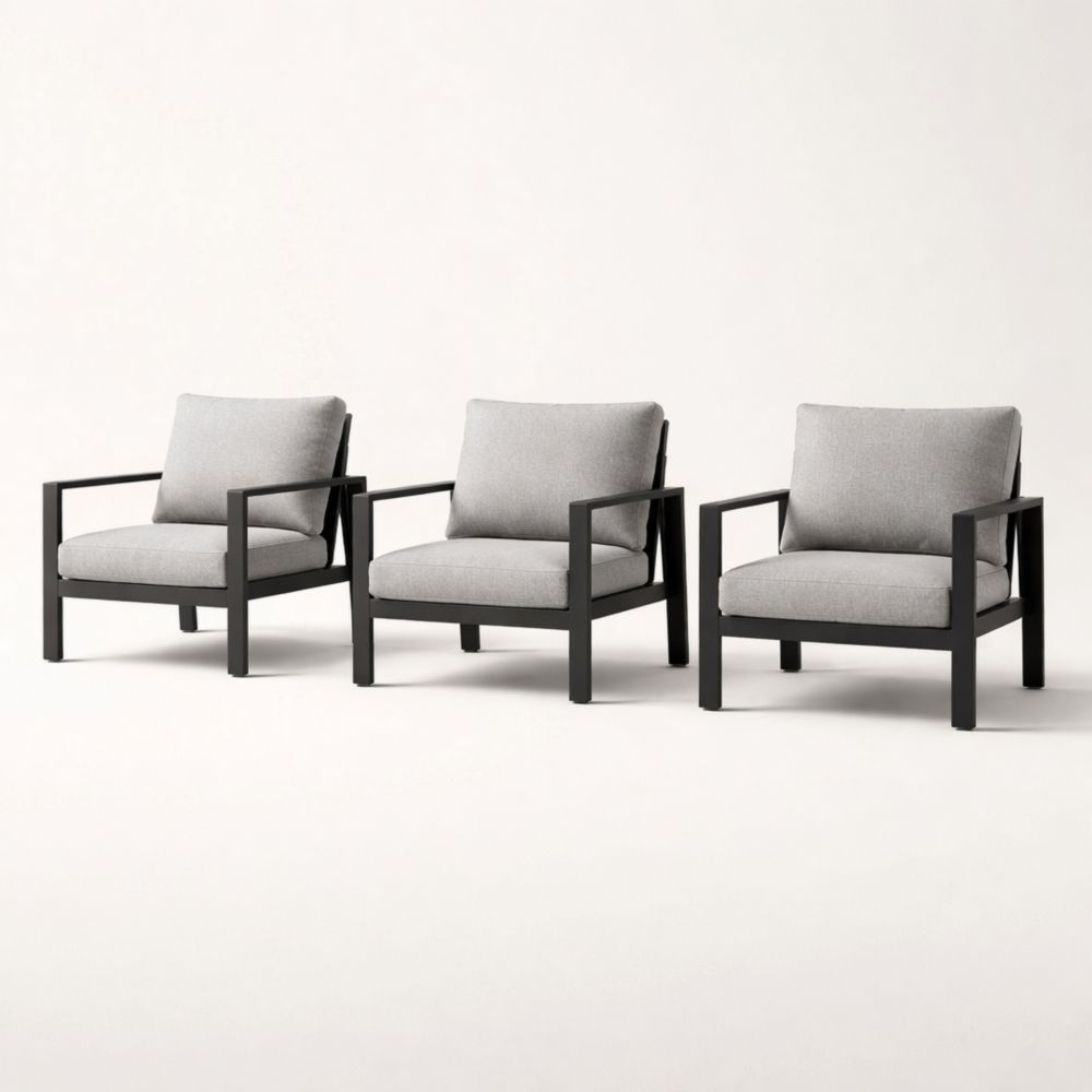A set of three outdoor armchairs with black aluminum frames and grey polyester cushions-Auravivian