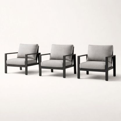 A set of three outdoor armchairs with black aluminum frames and grey polyester cushions-Auravivian