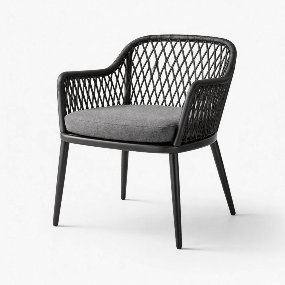 Black Metal Woven Outdoor Armchair with Grey Cushion-Auravivian