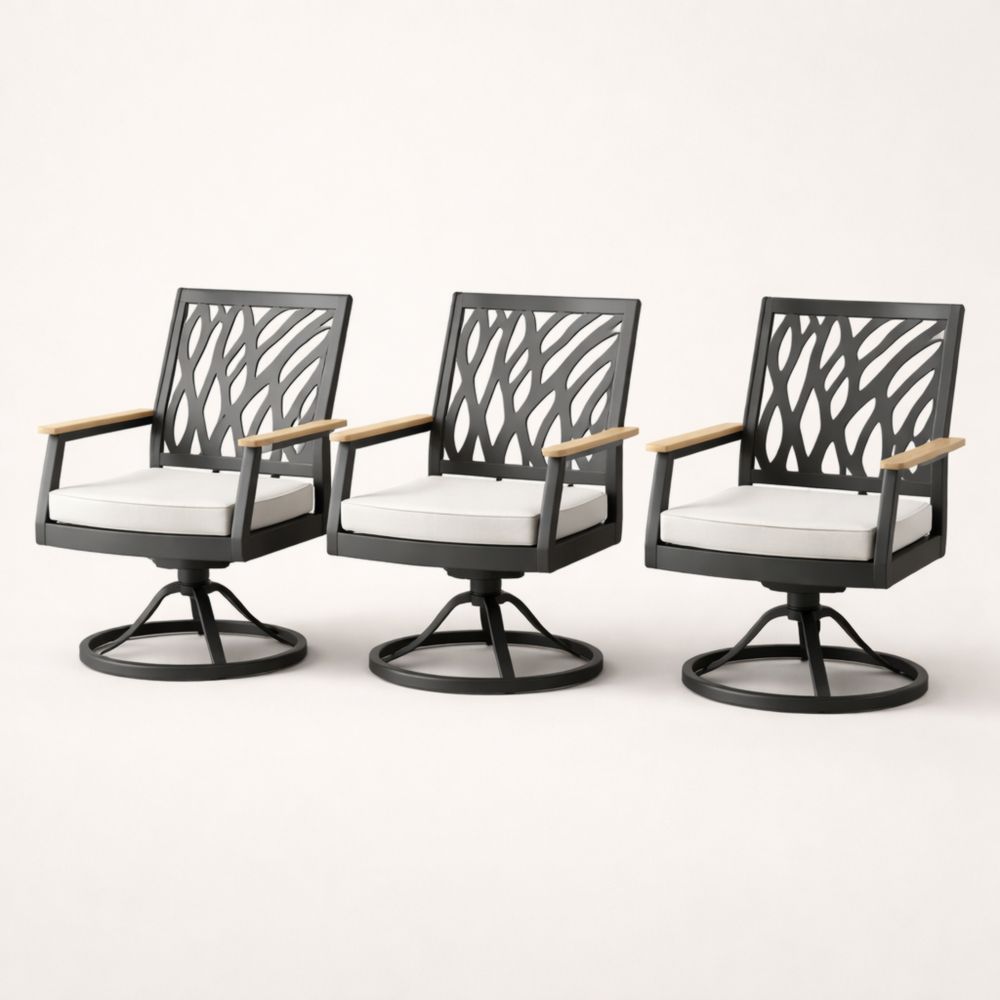Set of 3 Metal Outdoor Swivel Chairs with Cushions - Gray-Auravivian